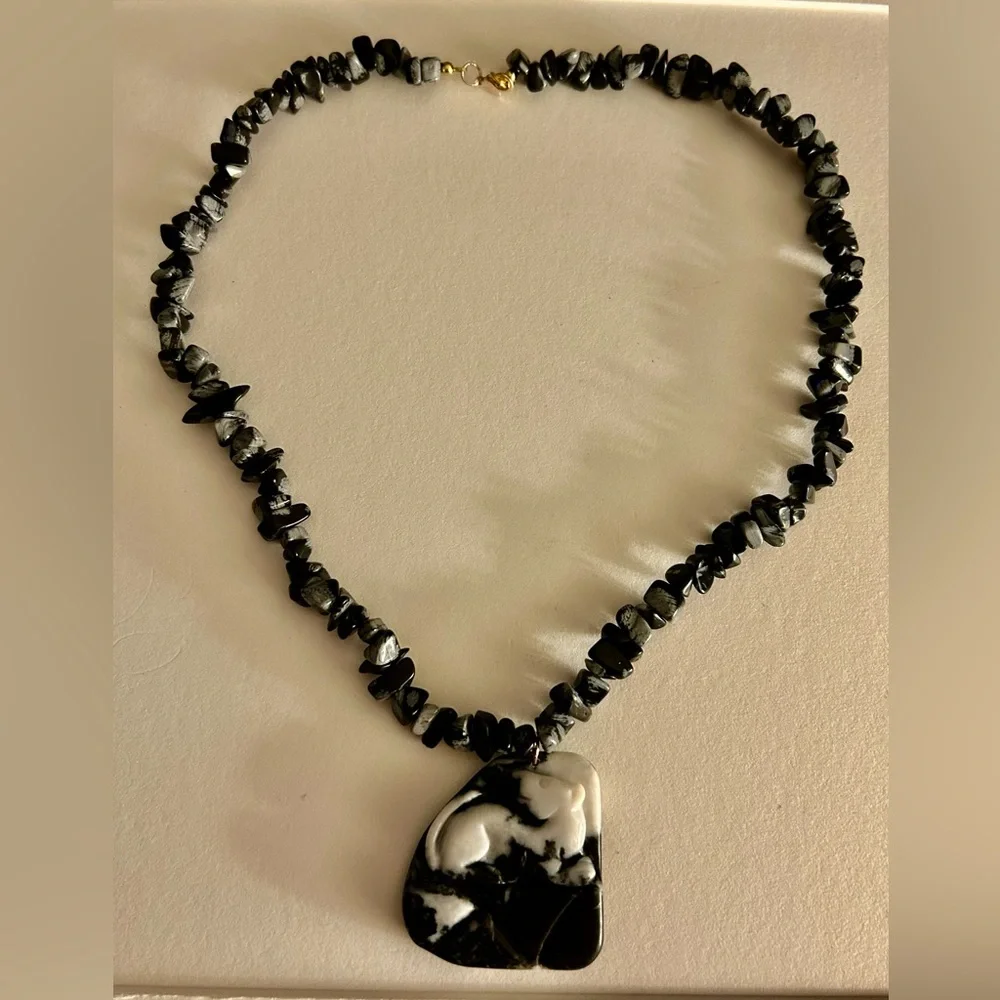 Vintage Necklace Lion Cub hand-carved Jasper stone, Snowflake Obsidian beads